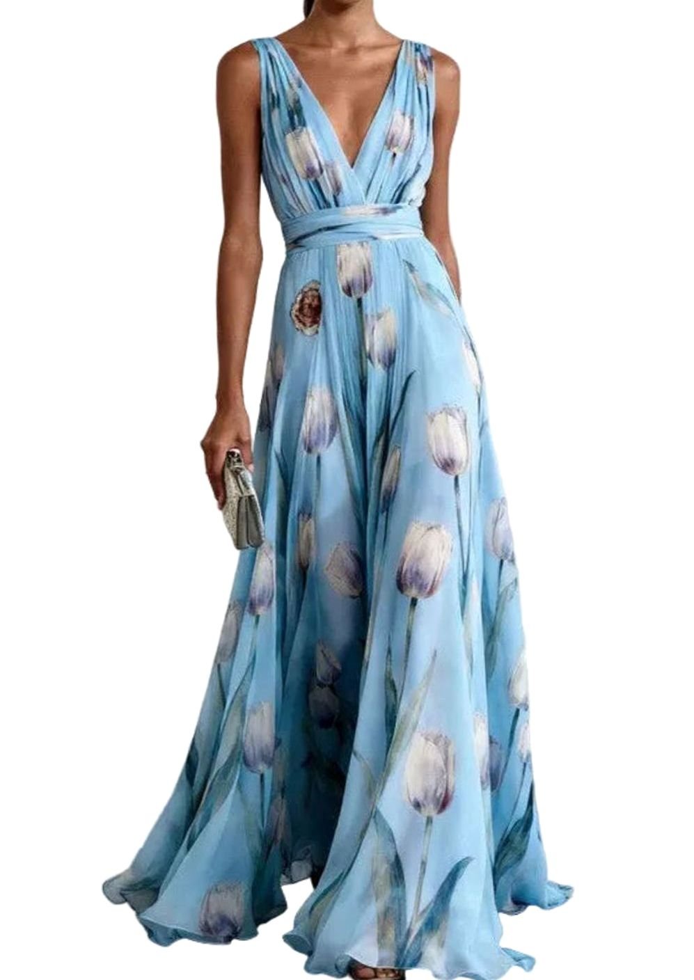 Women's Floral Tulip Print Chiffon V-Neck Maxi Party Gown - Blue