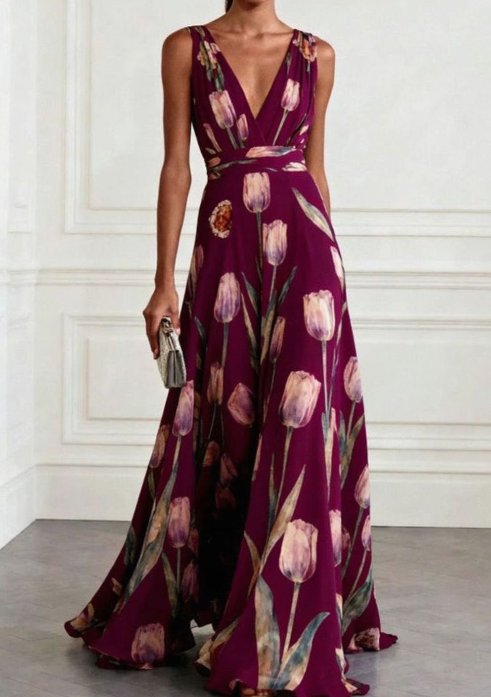 Women's Floral Tulip Print Chiffon V-Neck Maxi Party Gown - Dark Red