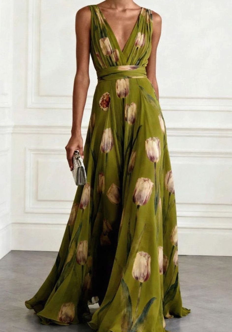 Women's Floral Tulip Print Chiffon V-Neck Maxi Party Gown - Green