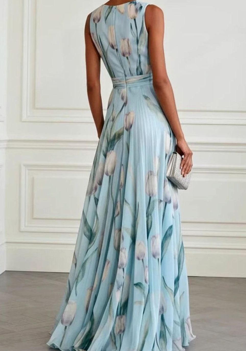 Women's Floral Tulip Print Chiffon V-Neck Maxi Party Gown