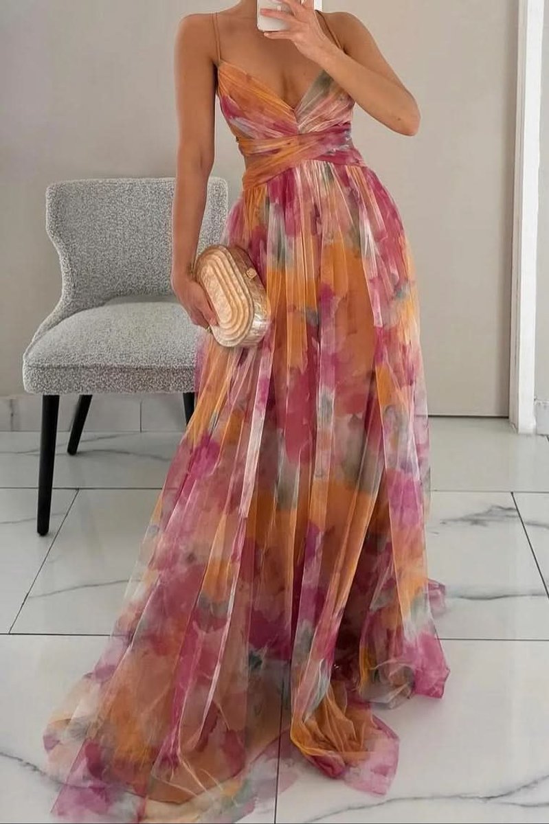 Women's Floral Tulle Sleeveless V-Neck Cocktail Dress Maxi Gown - Orange