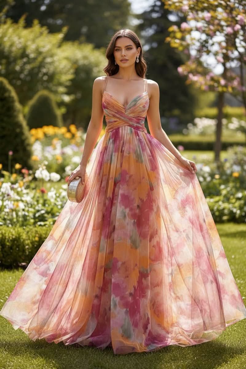 Women's Floral Tulle Sleeveless V-Neck Cocktail Dress Maxi Gown