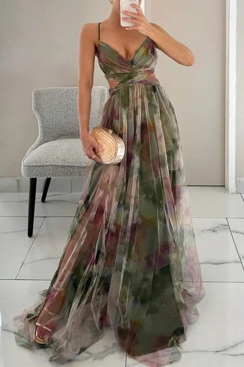 Women's Floral Tulle Sleeveless V-Neck Cocktail Dress Maxi Gown - Green