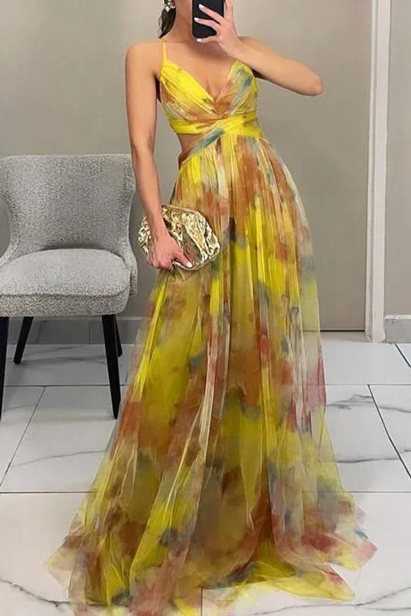 Women's Floral Tulle Sleeveless V-Neck Cocktail Dress Maxi Gown - Yellow
