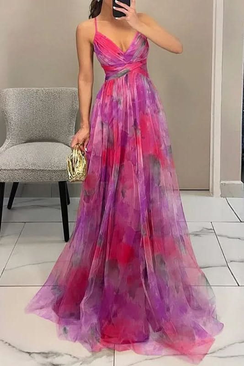 Women's Floral Tulle Sleeveless V-Neck Cocktail Dress Maxi Gown - Pink