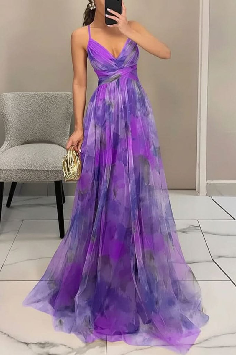 Women's Floral Tulle Sleeveless V-Neck Cocktail Dress Maxi Gown - Purple