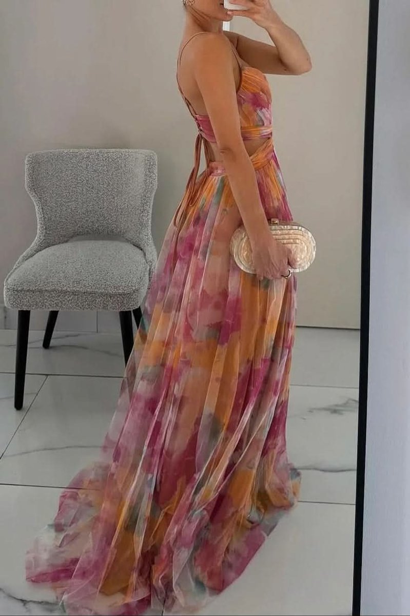 Women's Floral Tulle Sleeveless V-Neck Cocktail Dress Maxi Gown