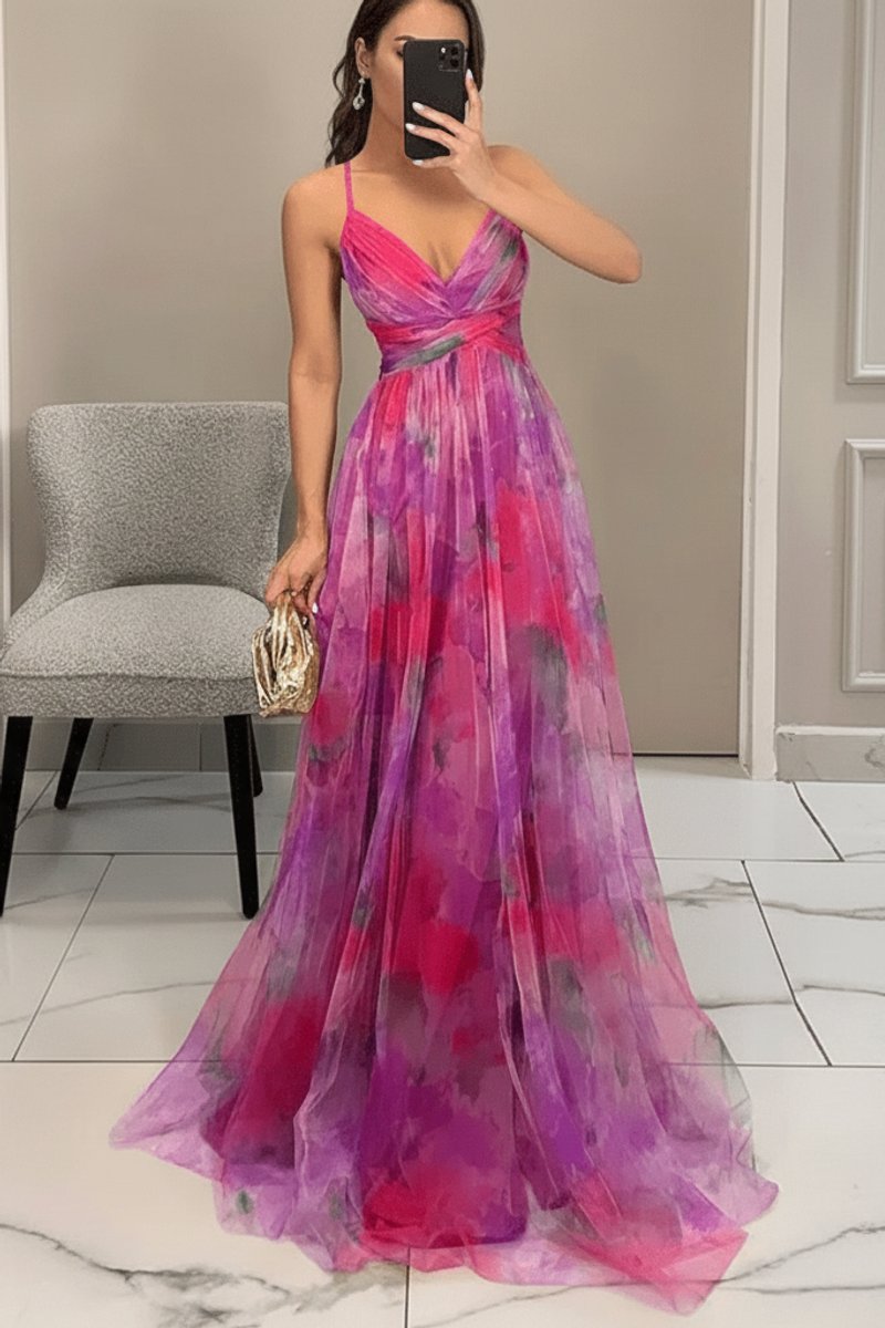 Women's Floral Tulle Sleeveless V-Neck Cocktail Dress Maxi Gown