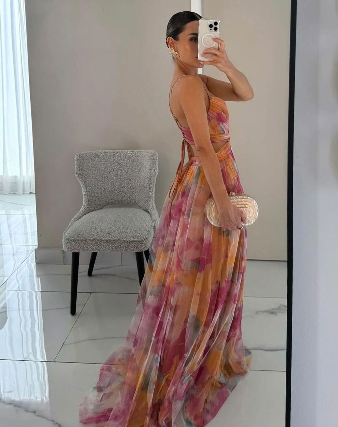 Women's Floral Tulle Spaghetti-Strap Open-Back Maxi Dress