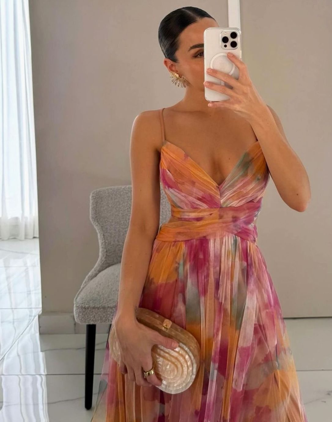 Women's Floral Tulle Spaghetti-Strap Open-Back Maxi Dress