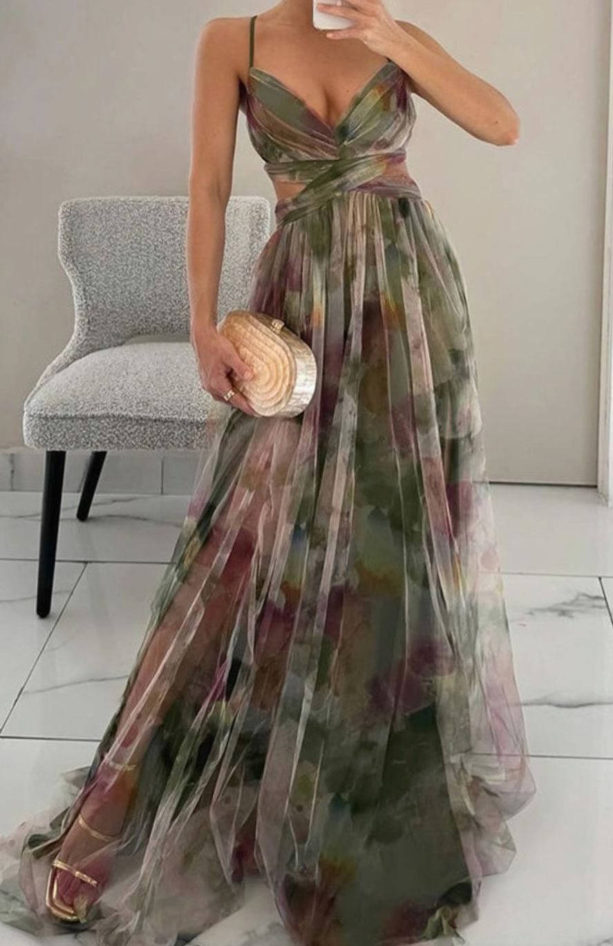 Women's Floral Tulle Spaghetti-Strap Open-Back Maxi Dress - Green