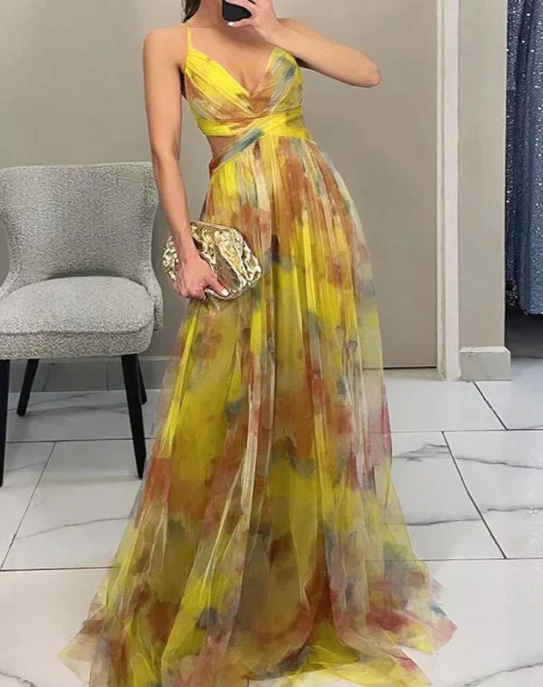 Women's Floral Tulle Spaghetti-Strap Open-Back Maxi Dress - Yellow