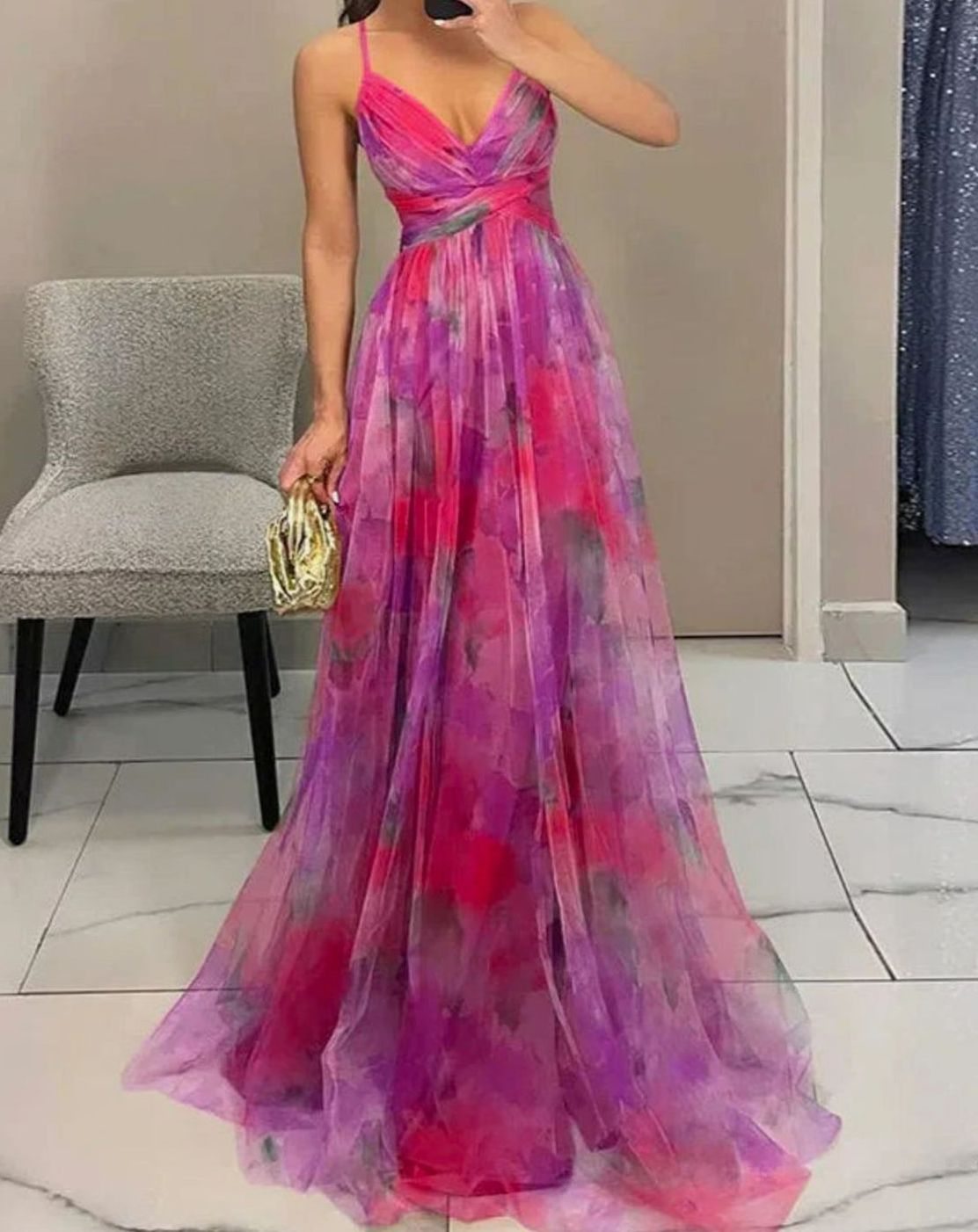 Women's Floral Tulle Spaghetti-Strap Open-Back Maxi Dress - Pink