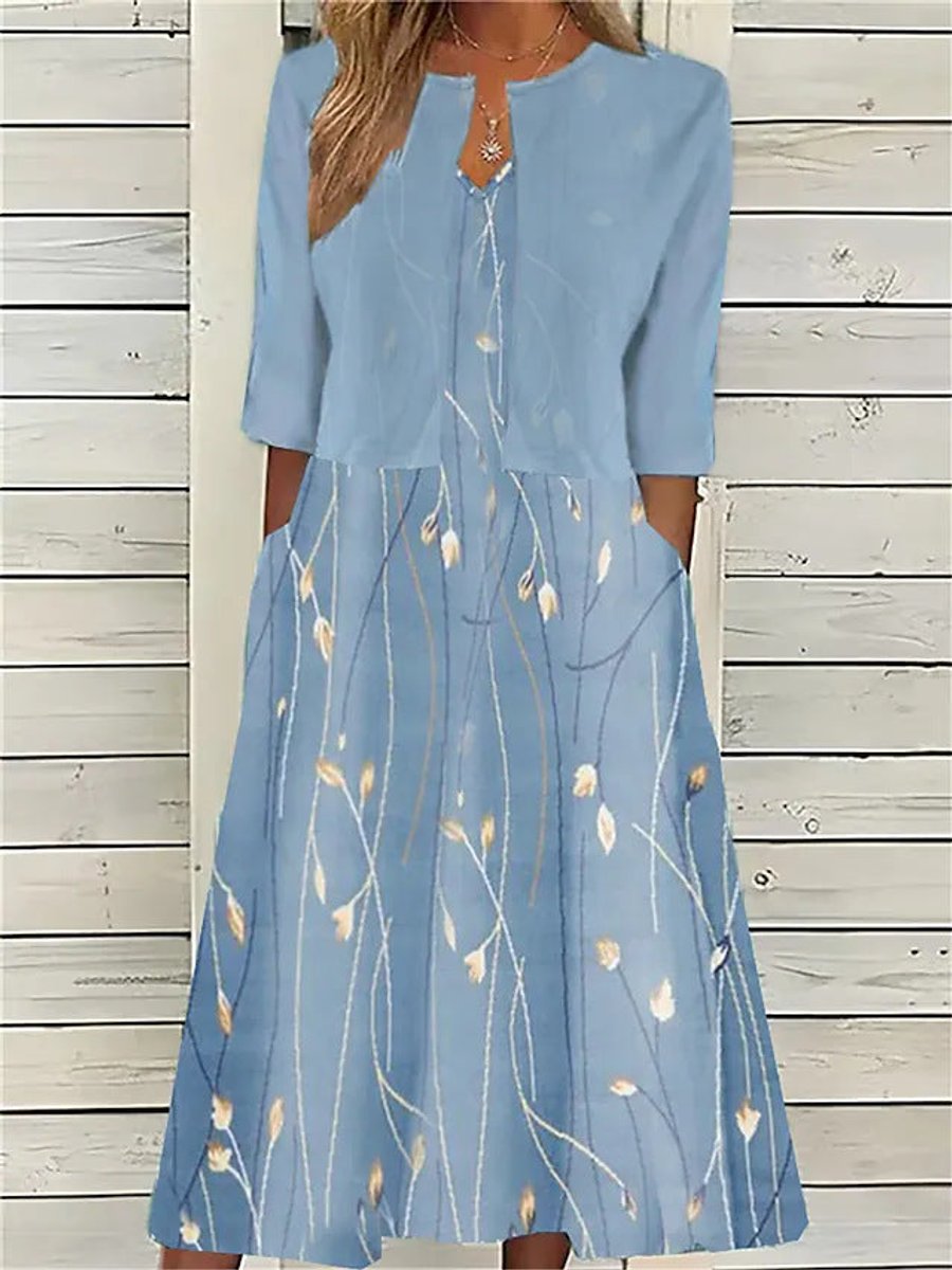 Women's Floral Two-Piece 3/4 Sleeve Midi Dress Pockets