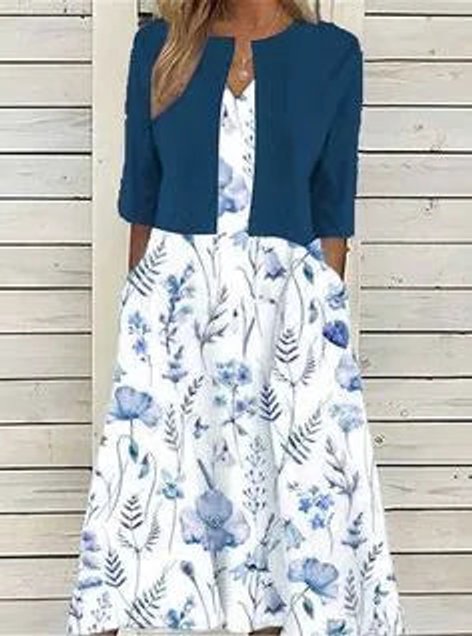 Women's Floral Two-Piece 3/4 Sleeve Midi Dress Pockets - Dark Blue