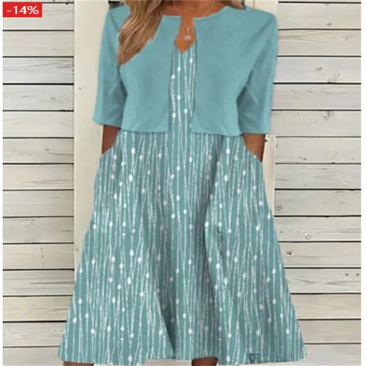 Women's Floral Two-Piece 3/4 Sleeve Midi Dress Pockets - Teal