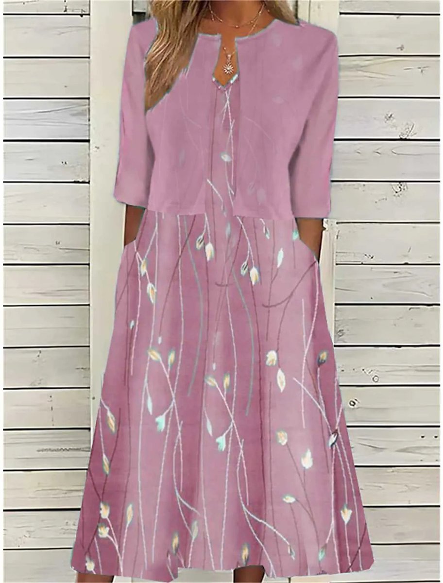 Women's Floral Two-Piece 3/4 Sleeve Midi Dress Pockets - Pink