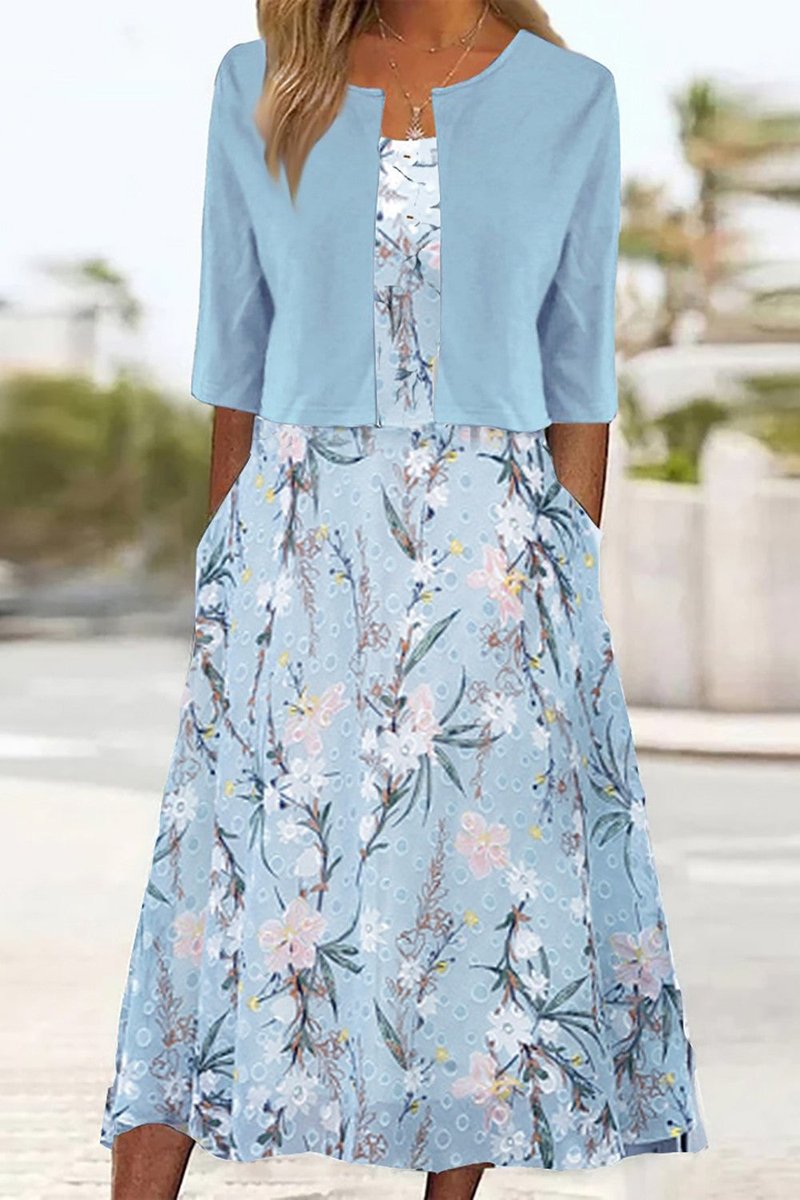 Women's Floral Two-Piece 3/4 Sleeve Midi Dress Pockets - Light Blue