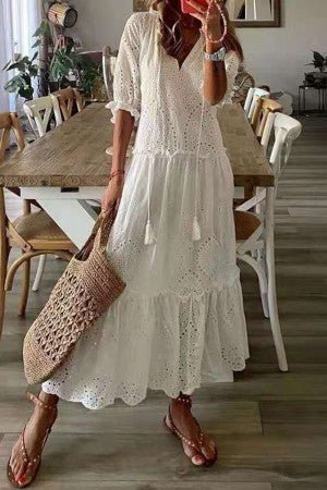 Women's Floral V-Neck 3/4 Sleeve Flowing Maxi Dresses - White