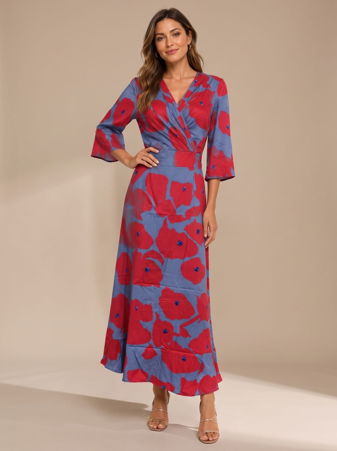 Women's Floral V-Neck Fitted Waist Maxi Party Dress - Pink Breeze