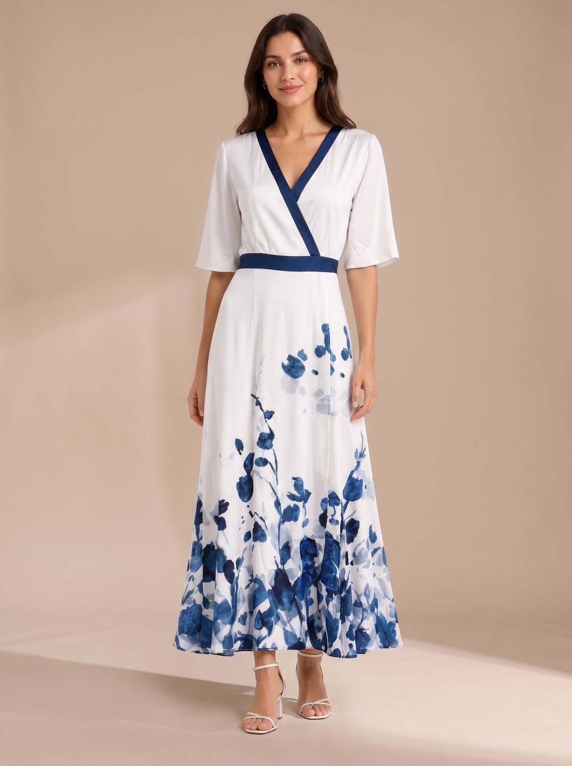 Women's Floral V-Neck Fitted Waist Maxi Party Dress - Ivory Blossom