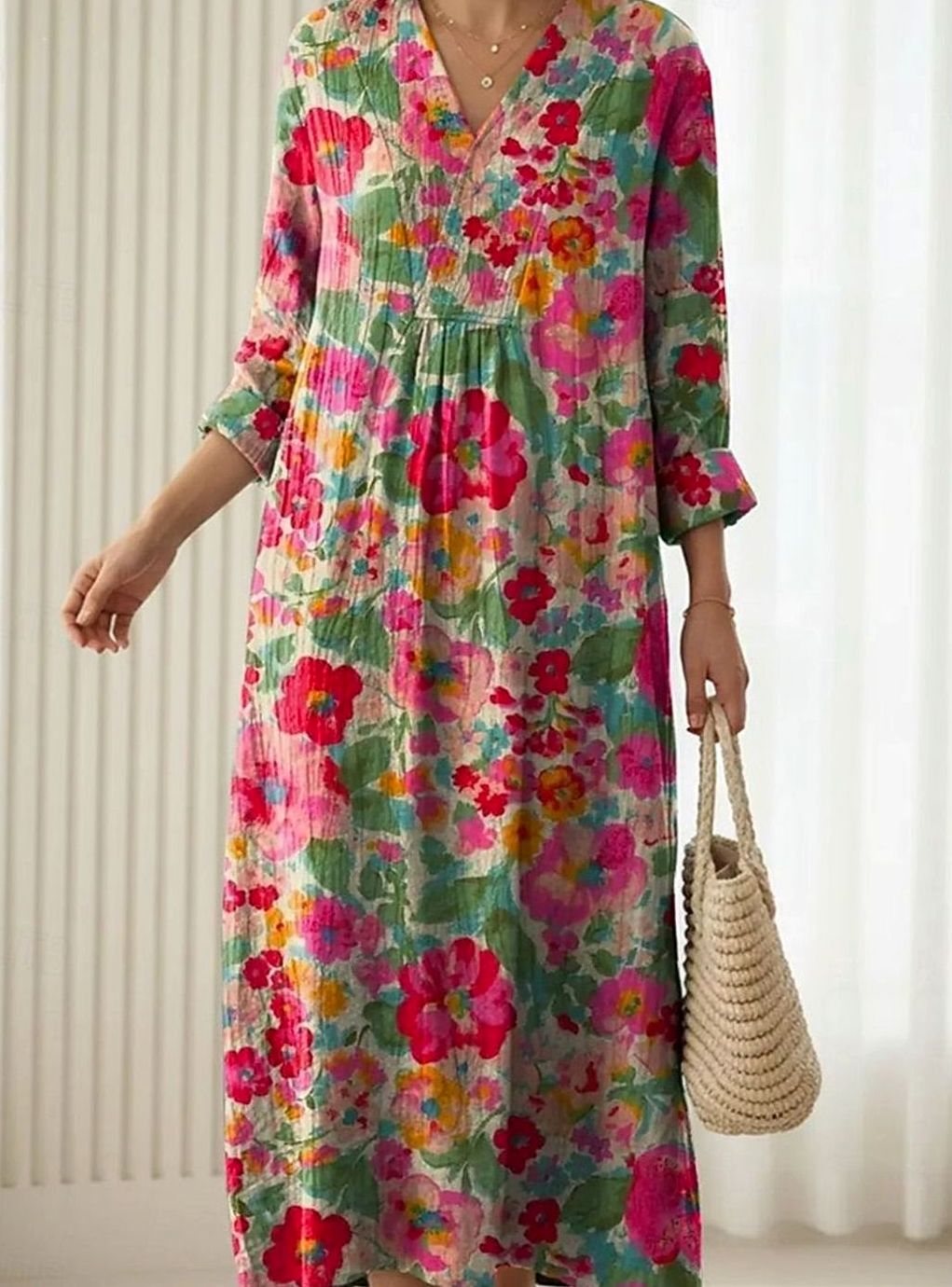 Women's Floral V-Neck Long-Sleeve Midi Day Dress - Multicolor
