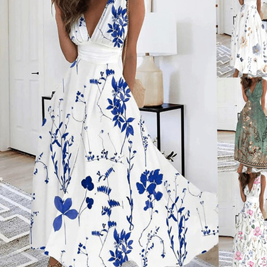 Women's Floral V-Neck Sleeveless Maxi Wedding Guest Dress
