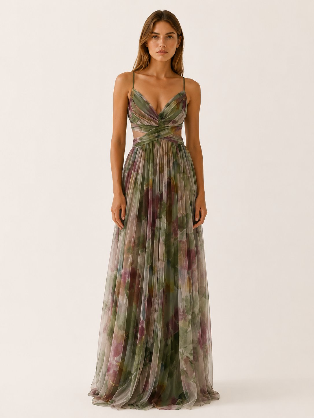 Women's Floral V-Neck Slim-Strap Wedding Guest Maxi Dresses - Green