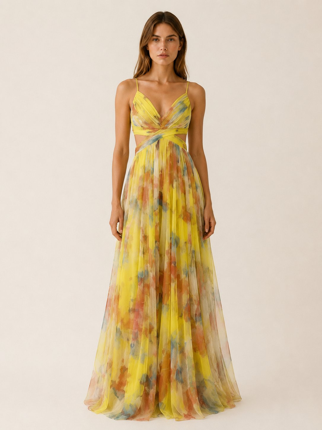 Women's Floral V-Neck Slim-Strap Wedding Guest Maxi Dresses - Yellow