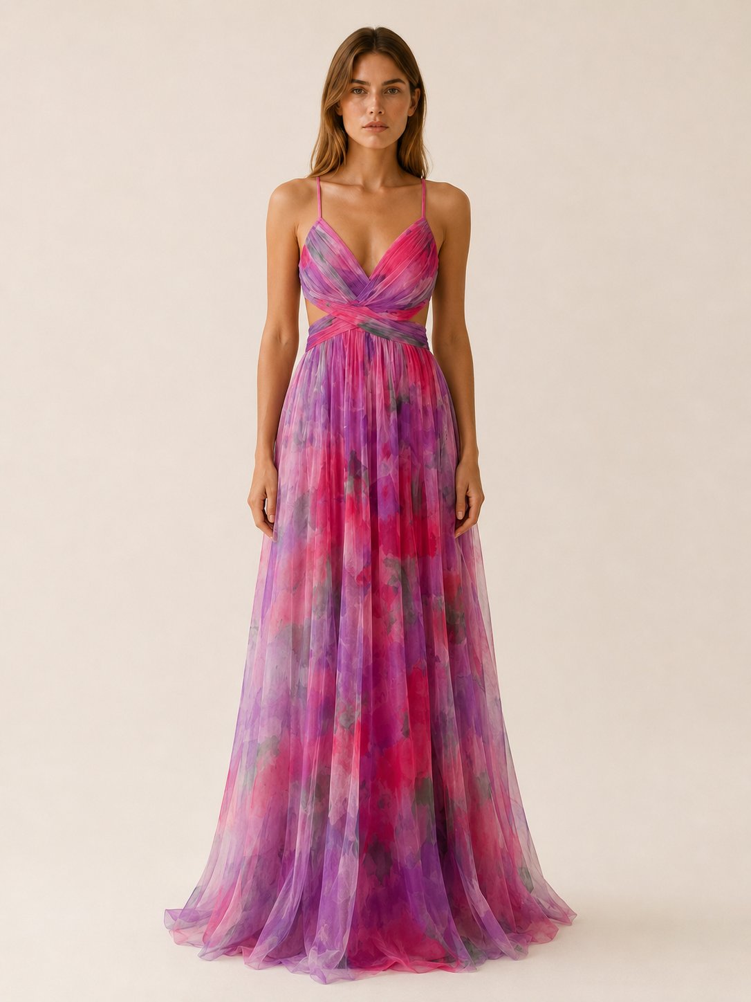 Women's Floral V-Neck Slim-Strap Wedding Guest Maxi Dresses - Pink