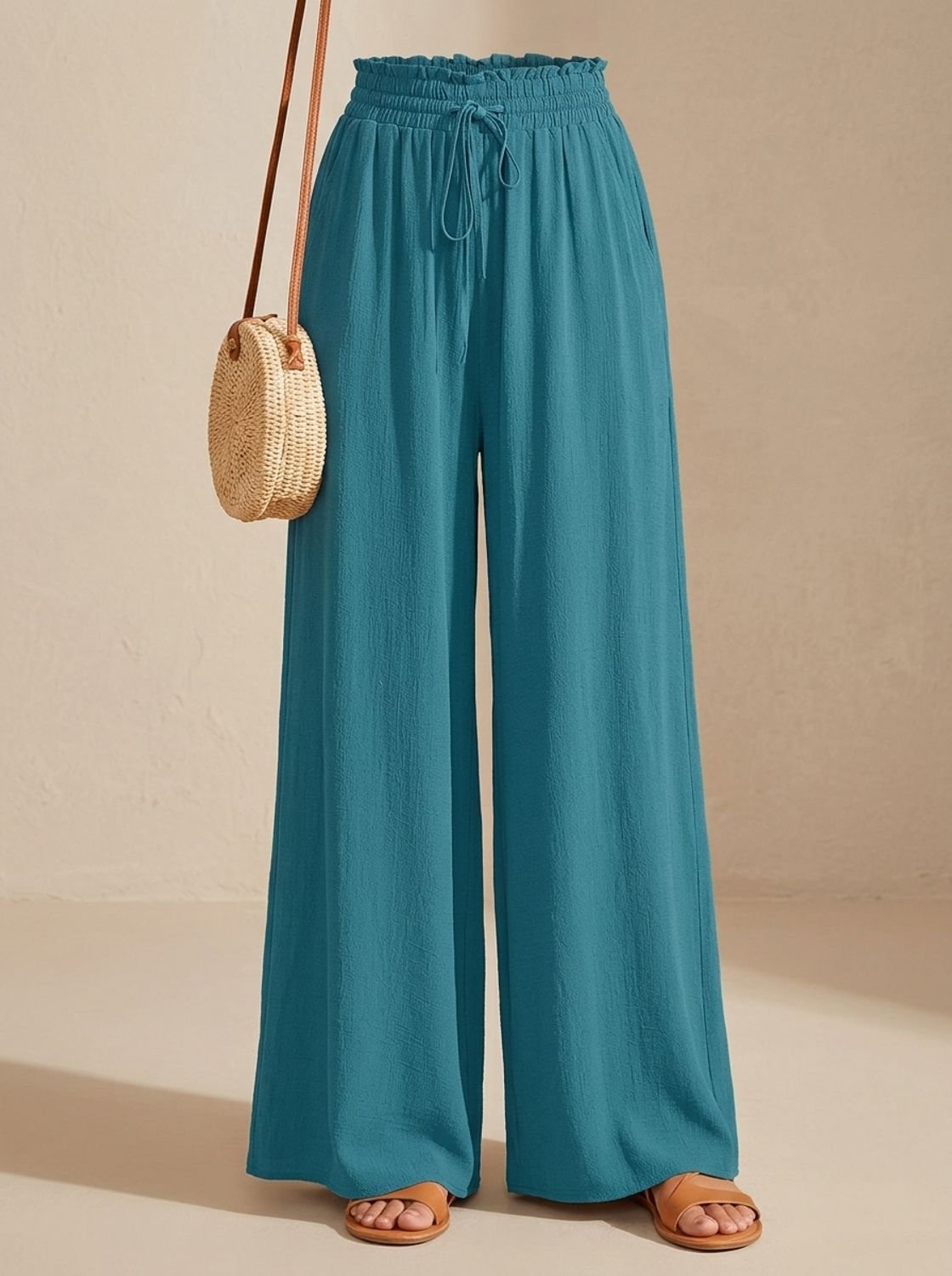 Women's Floral Wide-Leg Palazzo Pants Elastic Drawstring Waist - Peacock Blue