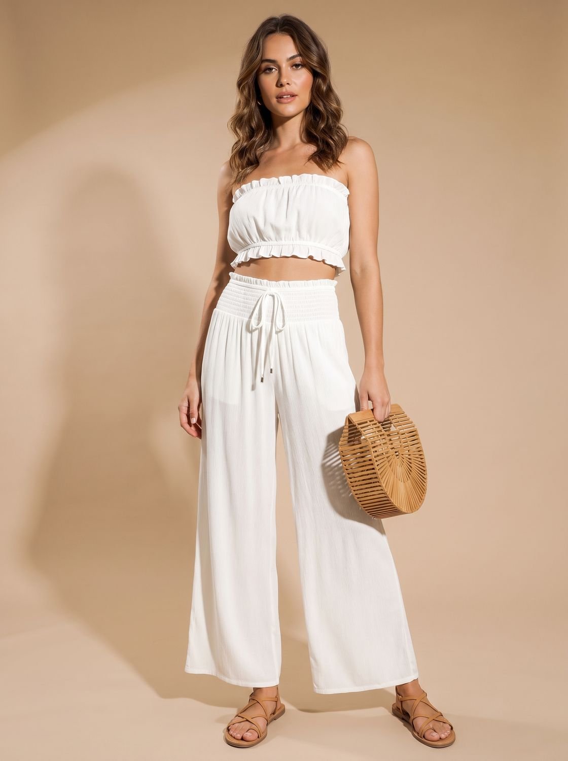 Women's Floral Wide-Leg Palazzo Pants Elastic Drawstring Waist - White