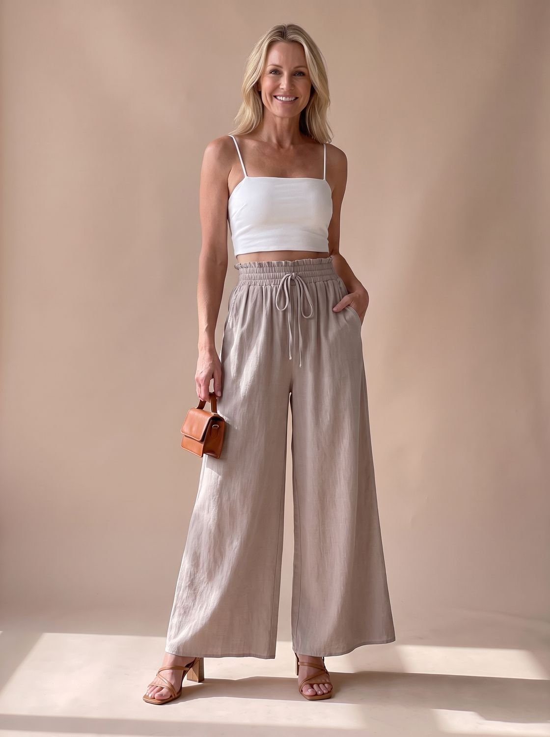 Women's Floral Wide-Leg Palazzo Pants Elastic Drawstring Waist - Apricot