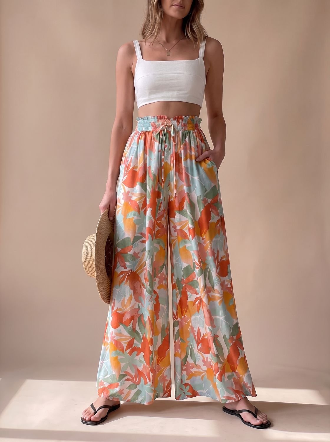 Women's Floral Wide-Leg Palazzo Pants Elastic Drawstring Waist - Sky Blue