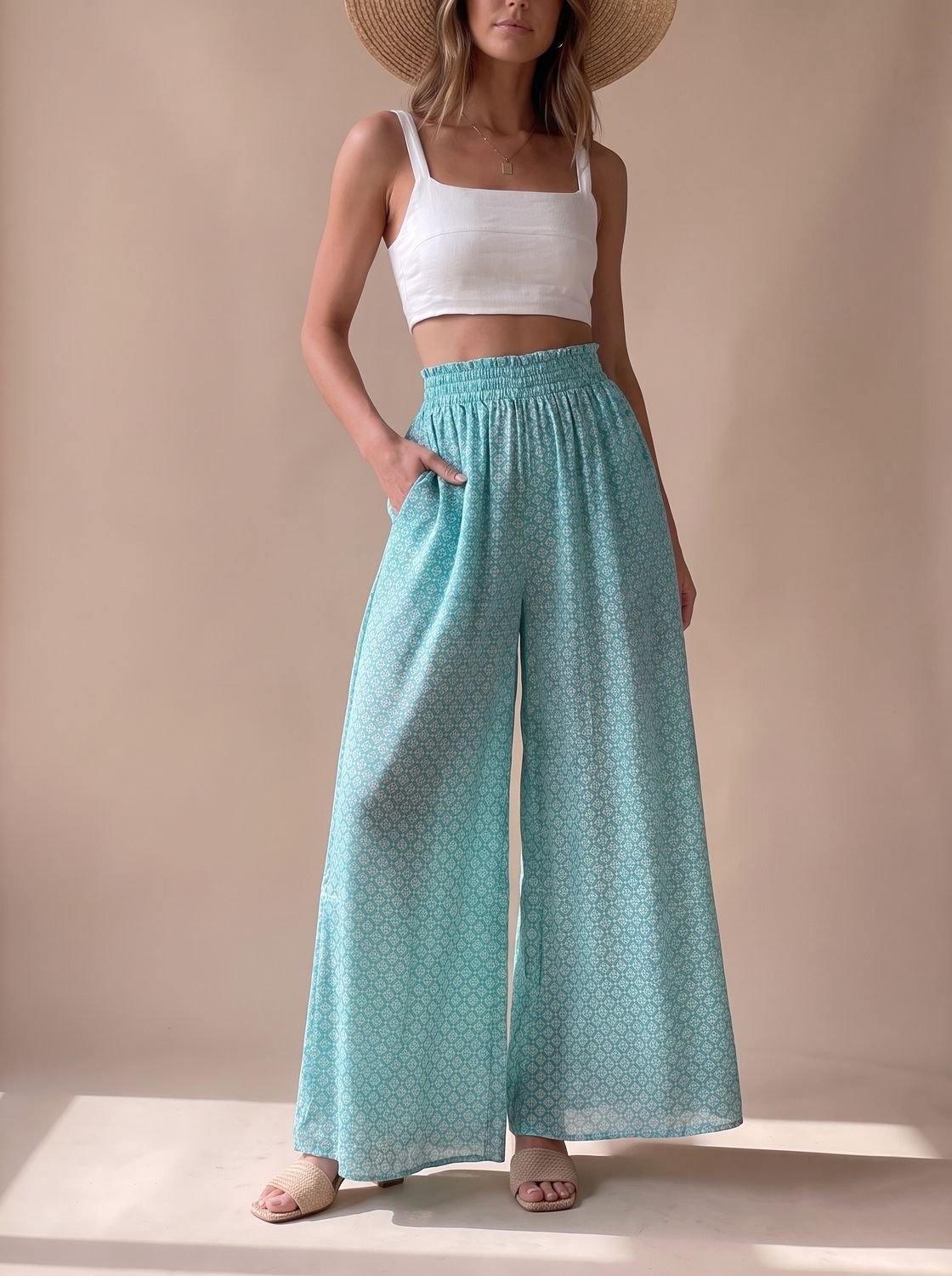 Women's Floral Wide-Leg Palazzo Pants Elastic Drawstring Waist