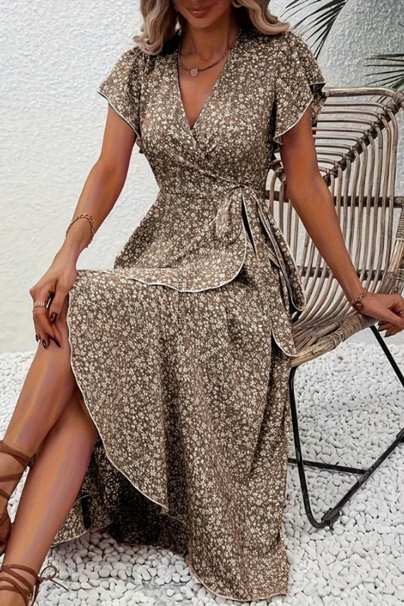 Women's Floral Wrap Evening Gown Midi Dress V-Neck Short Sleeve - Camel