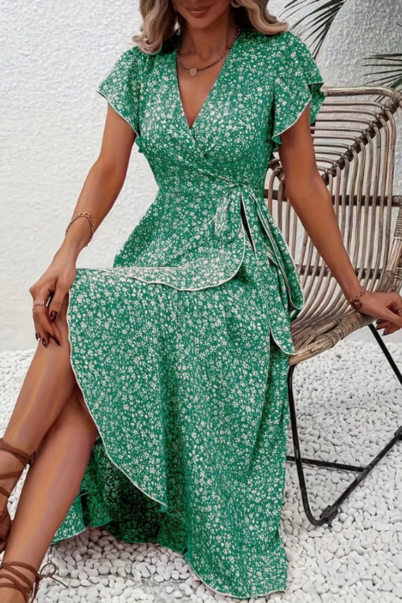 Women's Floral Wrap Evening Gown Midi Dress V-Neck Short Sleeve - Green