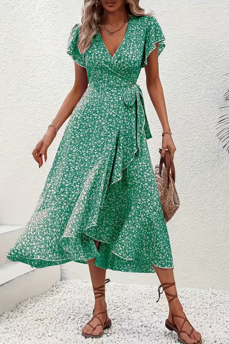 Women's Floral Wrap Evening Gown Midi Dress V-Neck Short Sleeve