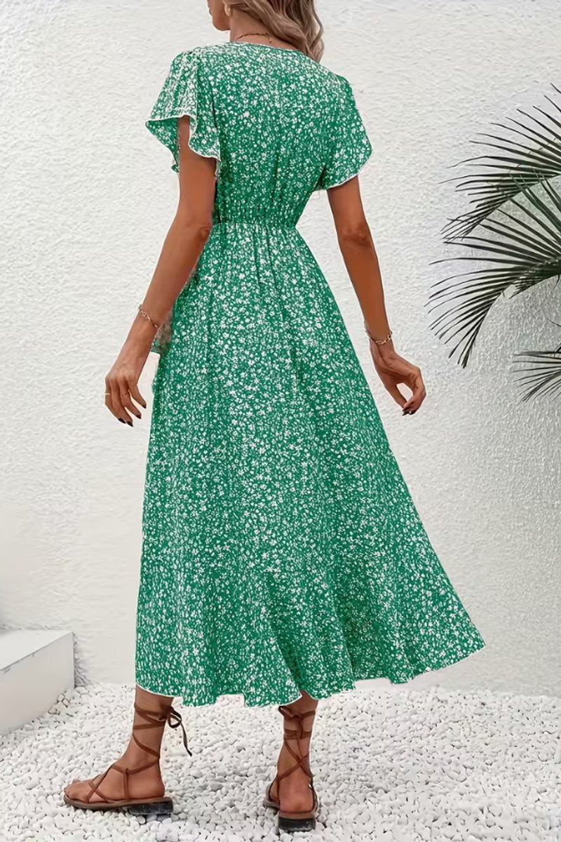 Women's Floral Wrap Evening Gown Midi Dress V-Neck Short Sleeve