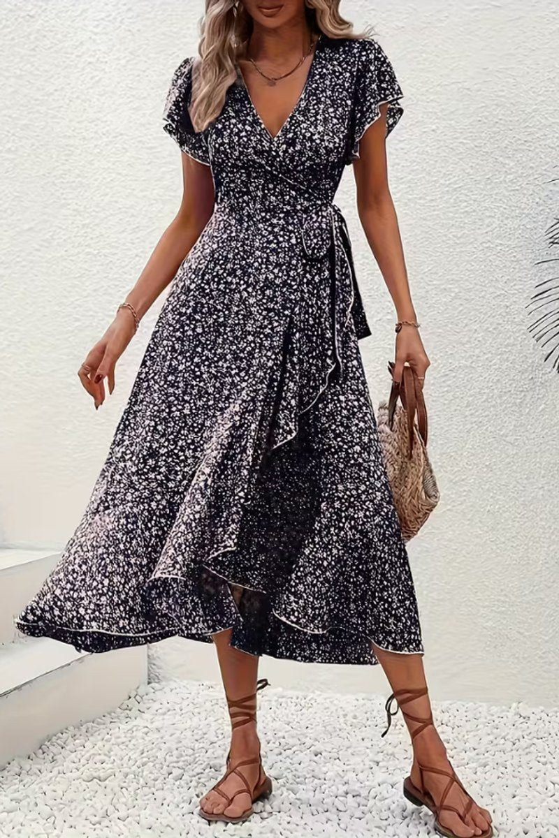 Women's Floral Wrap Evening Gown Midi Dress V-Neck Short Sleeve