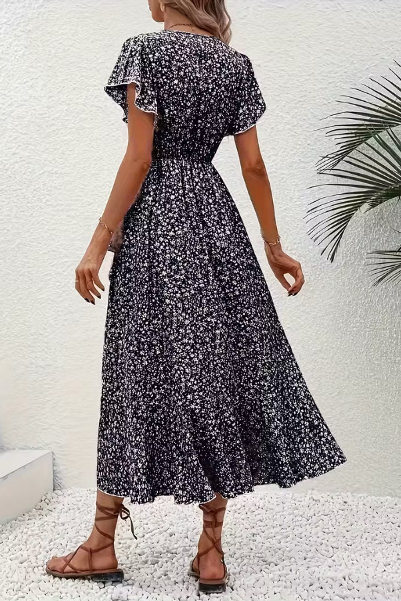 Women's Floral Wrap Evening Gown Midi Dress V-Neck Short Sleeve