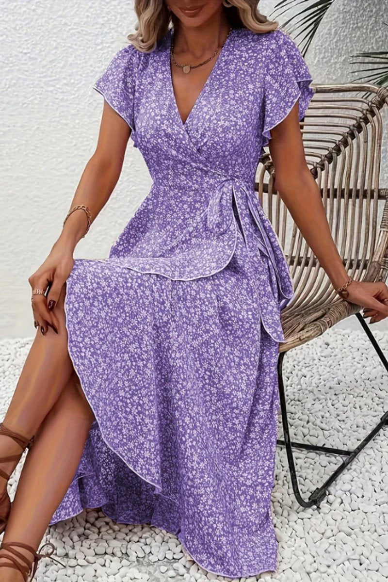 Women's Floral Wrap Evening Gown Midi Dress V-Neck Short Sleeve - Purple