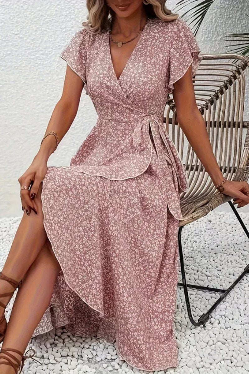 Women's Floral Wrap Evening Gown Midi Dress V-Neck Short Sleeve - Pink