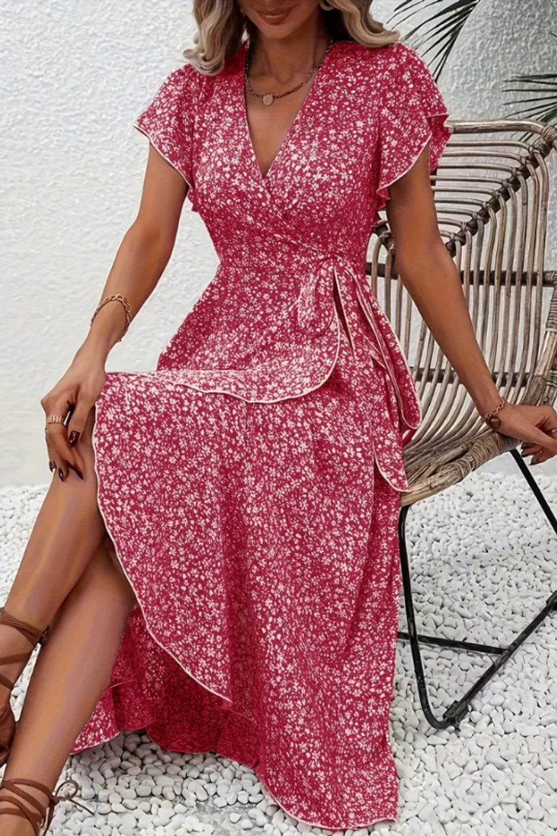 Women's Floral Wrap Evening Gown Midi Dress V-Neck Short Sleeve - Pink 2
