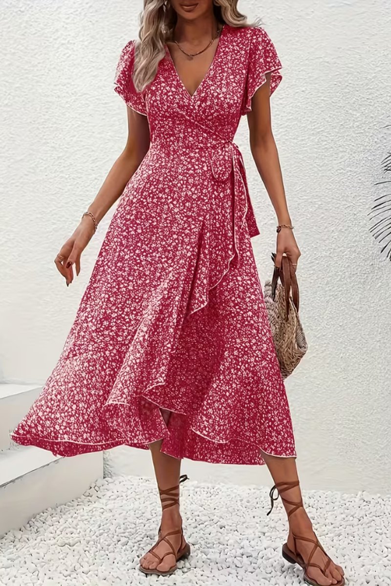 Women's Floral Wrap Evening Gown Midi Dress V-Neck Short Sleeve