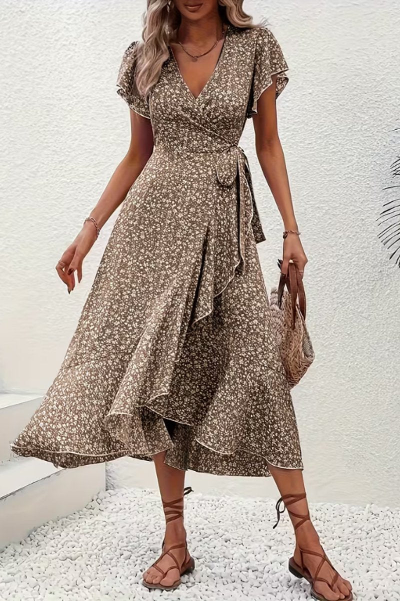 Women's Floral Wrap Evening Gown Midi Dress V-Neck Short Sleeve