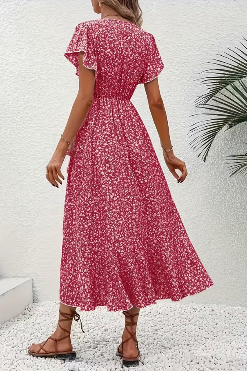 Women's Floral Wrap Evening Gown Midi Dress V-Neck Short Sleeve