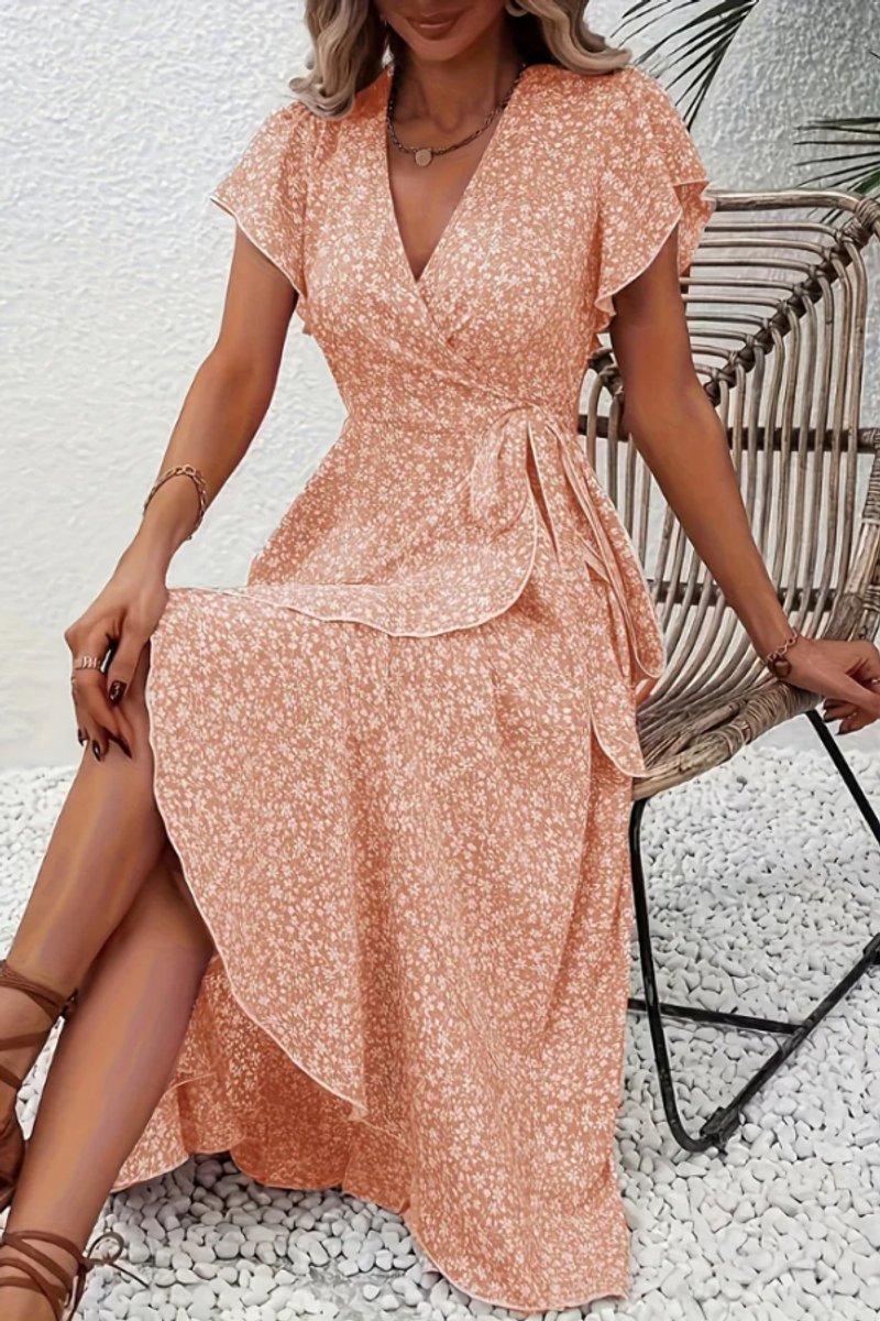 Women's Floral Wrap Evening Gown Midi Dress V-Neck Short Sleeve - Orange Pink
