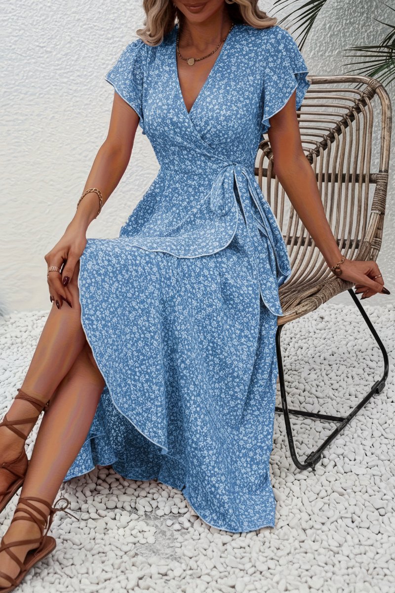 Women's Floral Wrap Evening Gown Midi Dress V-Neck Short Sleeve - Peacock Blue
