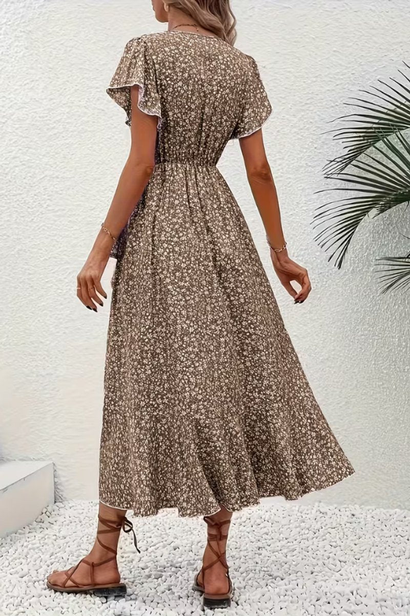 Women's Floral Wrap Evening Gown Midi Dress V-Neck Short Sleeve